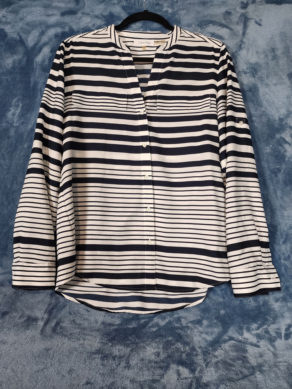 Calvin Klein Navy & White Striped Button-Down Blouse